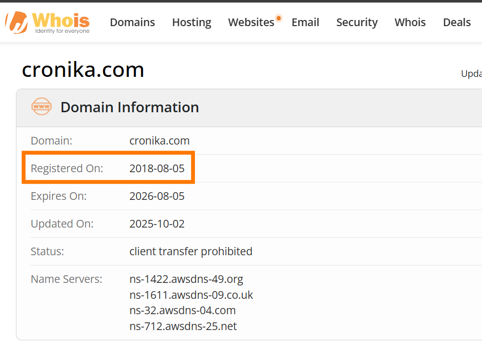 Доменное имя cronika.com зарегистрировано 5 августа 2018 года.
